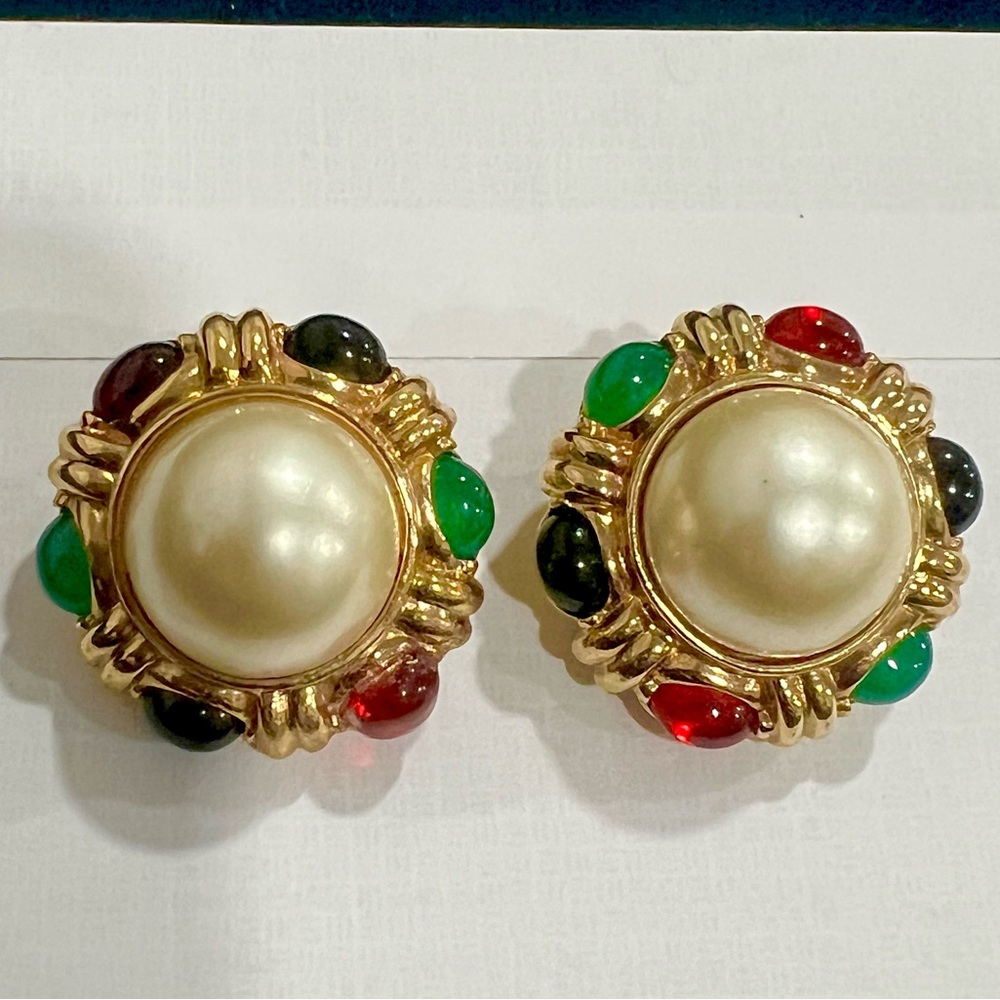 Ciner Gold and Multicolor Pearl Earrings